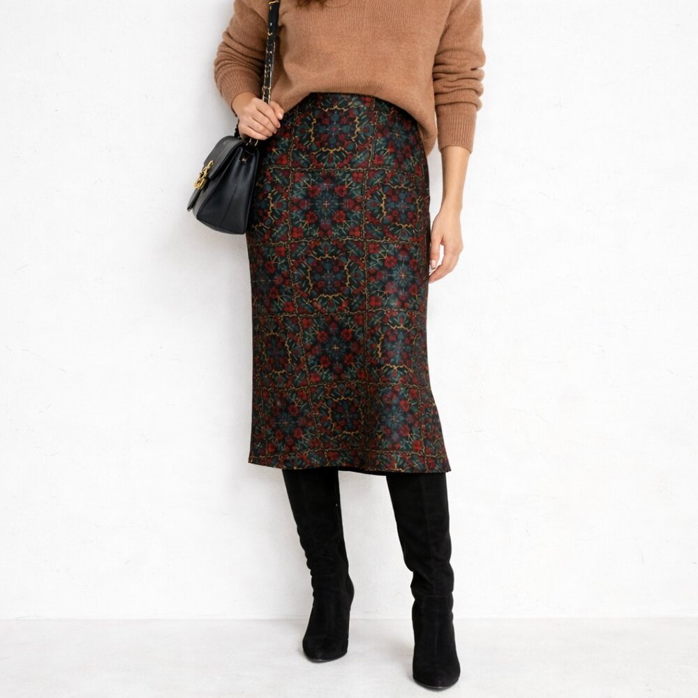 LOFT Petites XXL Floral Satin Midi Skirt | Dark Boho Print | Elastic Waist